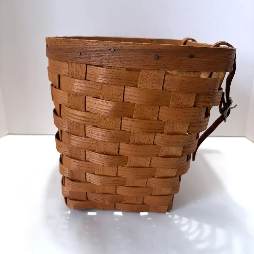 Peterboro Basket Co Bicycle Basket Leather Straps Woven Ash Wood Made USA